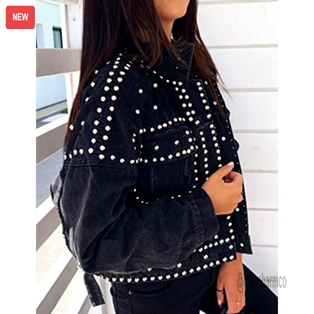 Distressed Denim Jacket with Fringe and Studs, Crop Fit, Western Style - Picture 5 of 7